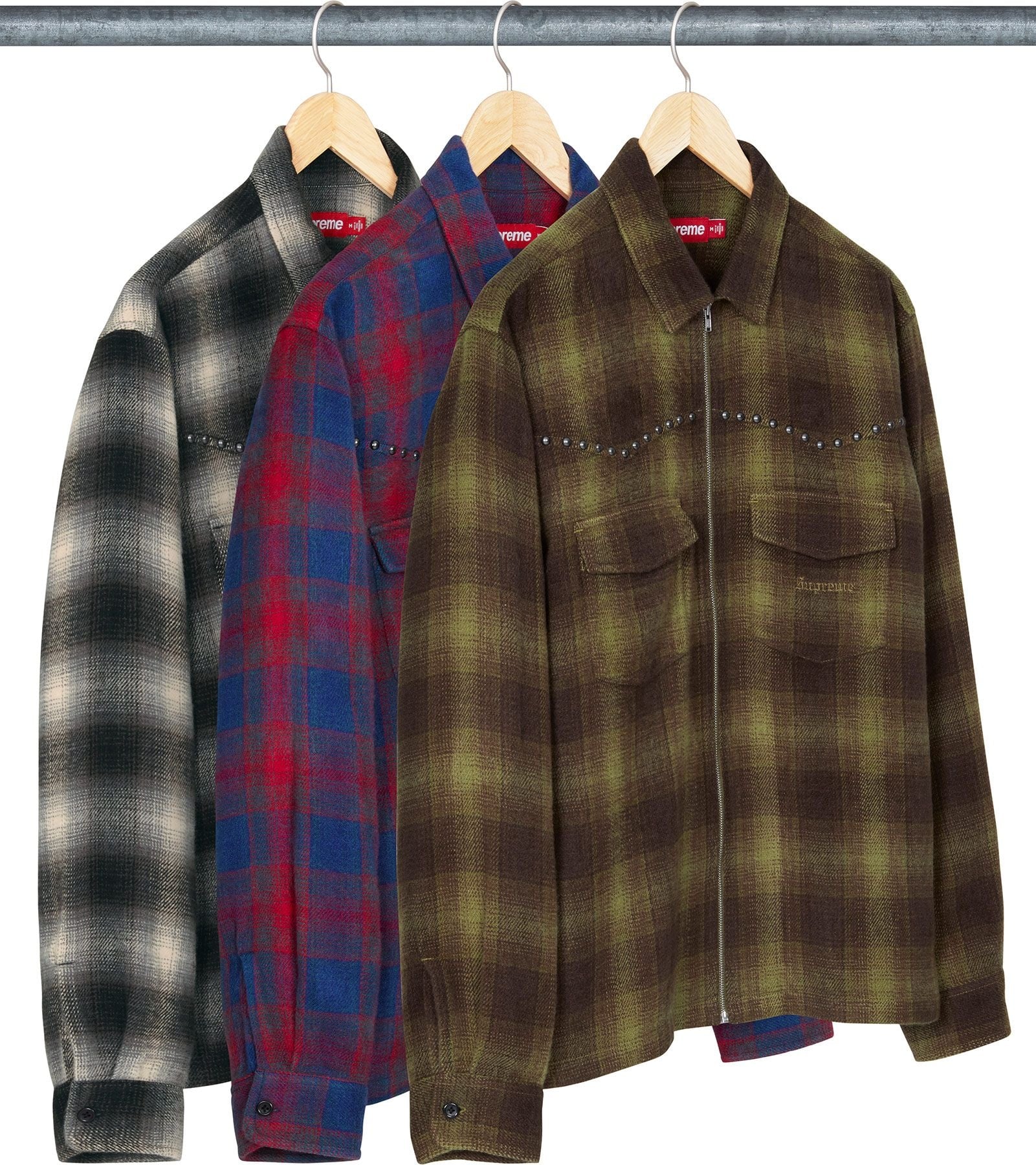 Studded Shadow Plaid Zip Up Shirt
